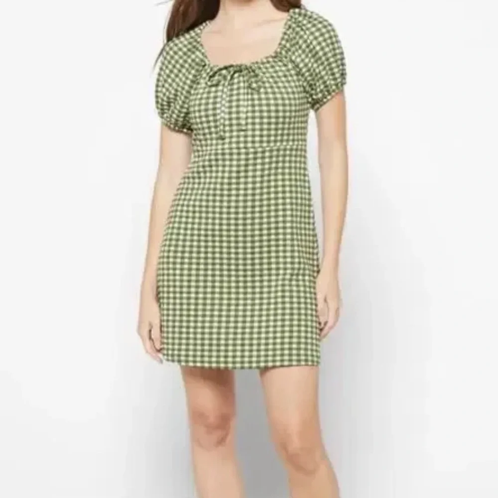 Madewell Puff-Sleeve Jacquard Mini Dress in Gingham Check Green Size XS - Picture 1 of 10